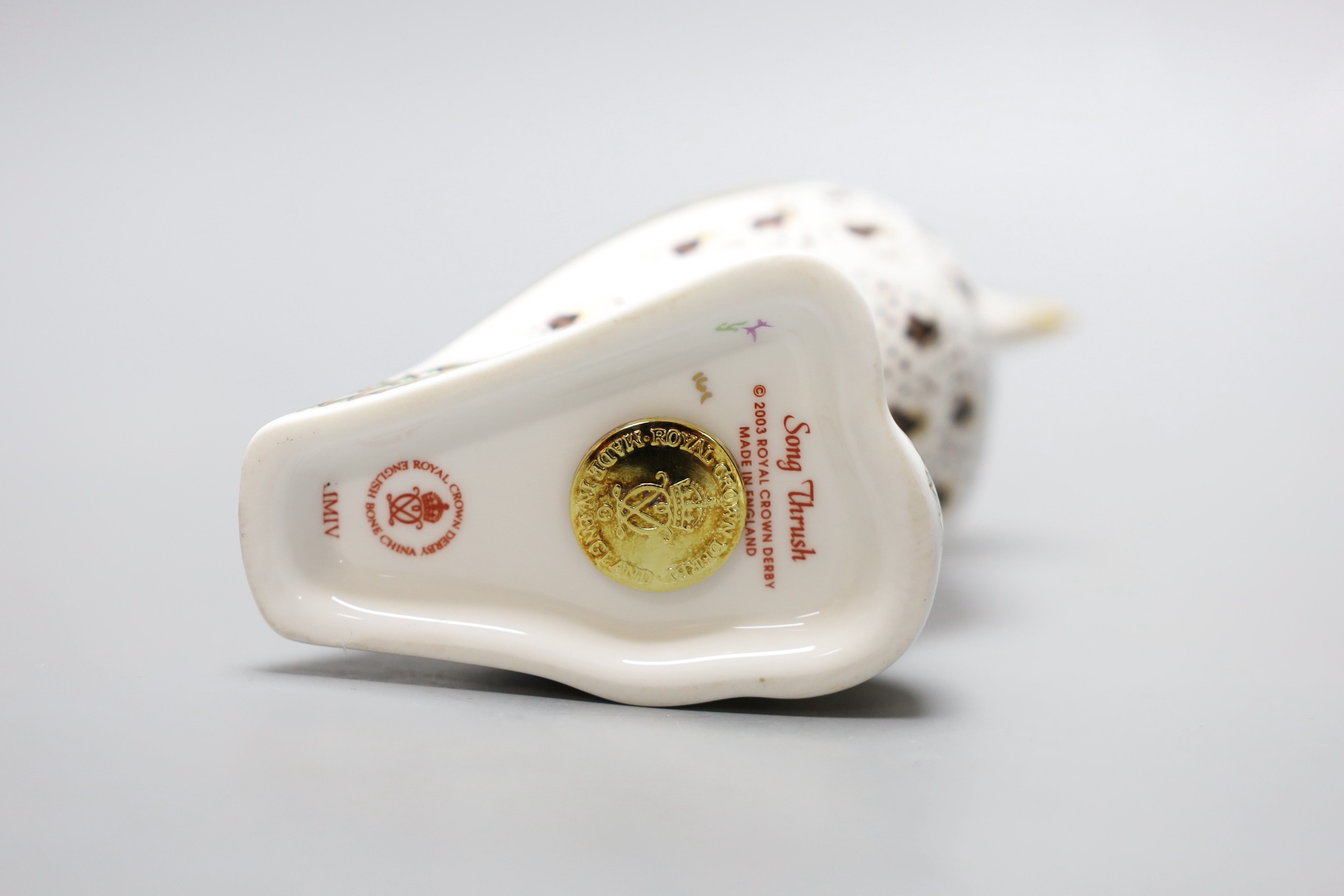 A Royal Crown Derby paperweight - Song Thrush, gold stopper, box, no certificate